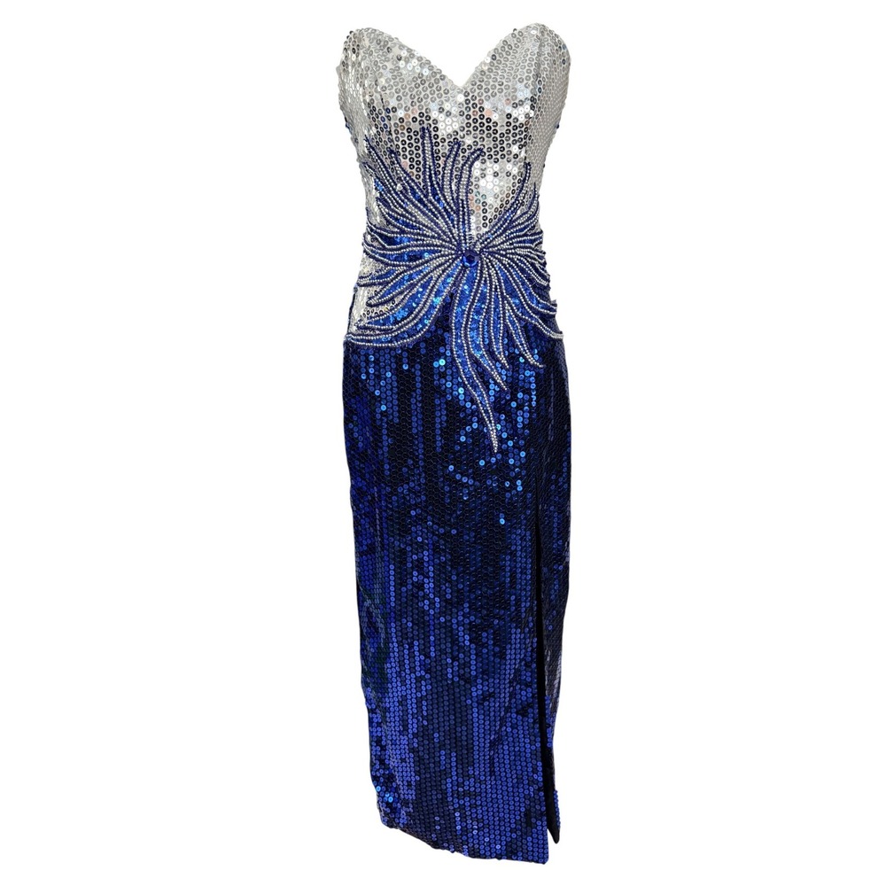 Alyce Designs 80's Sequin Gown Women Size 6 Blue Silver Vintage Beaded Starburst